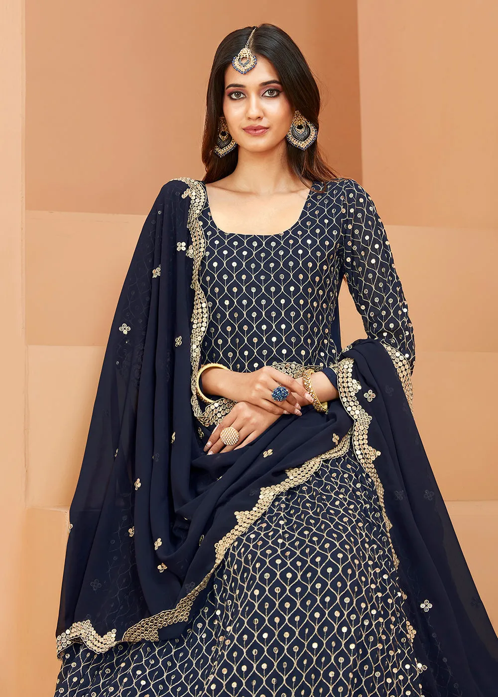 Faux Georgette Dazzling Navy Blue Sequins Anarkali Suit