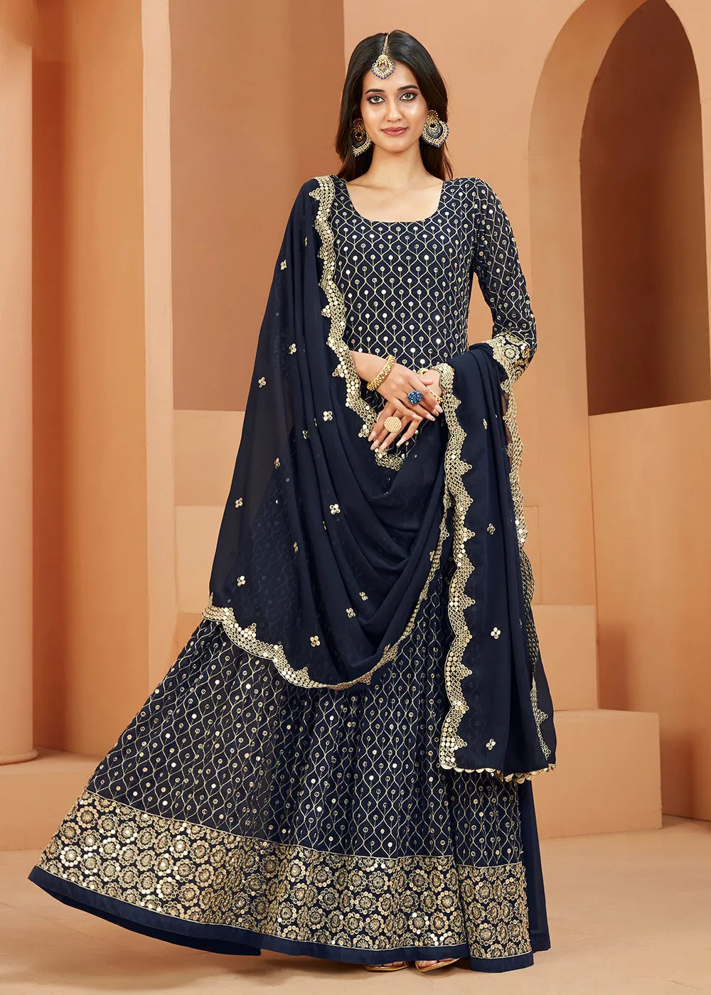 Faux Georgette Dazzling Navy Blue Sequins Anarkali Suit