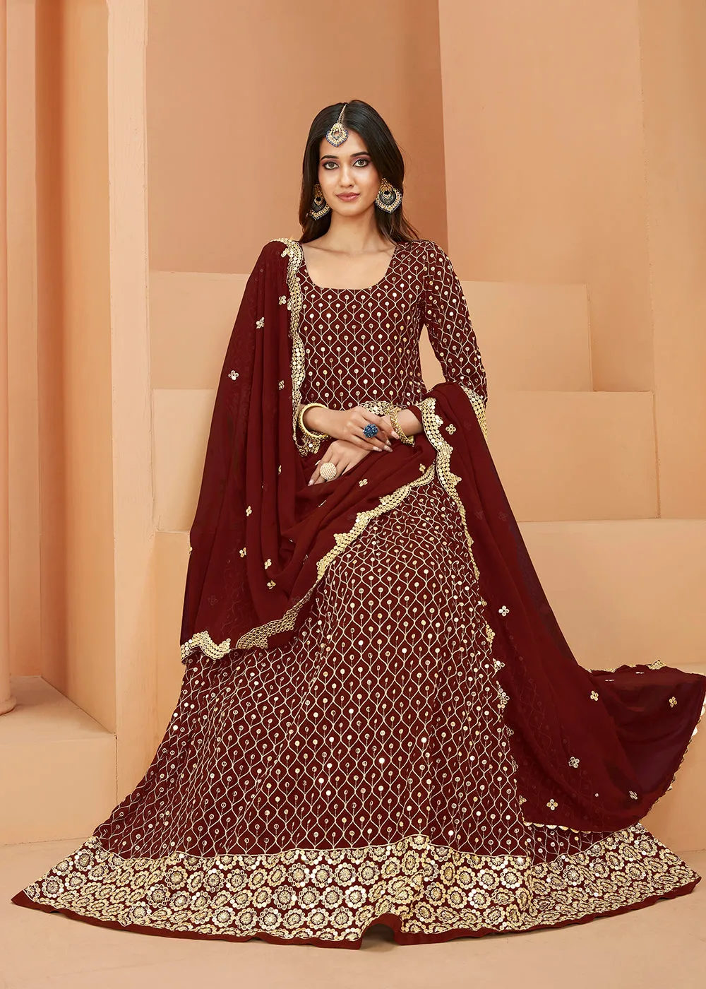 Faux Georgette Winsome Maroon Sequins Anarkali Suit