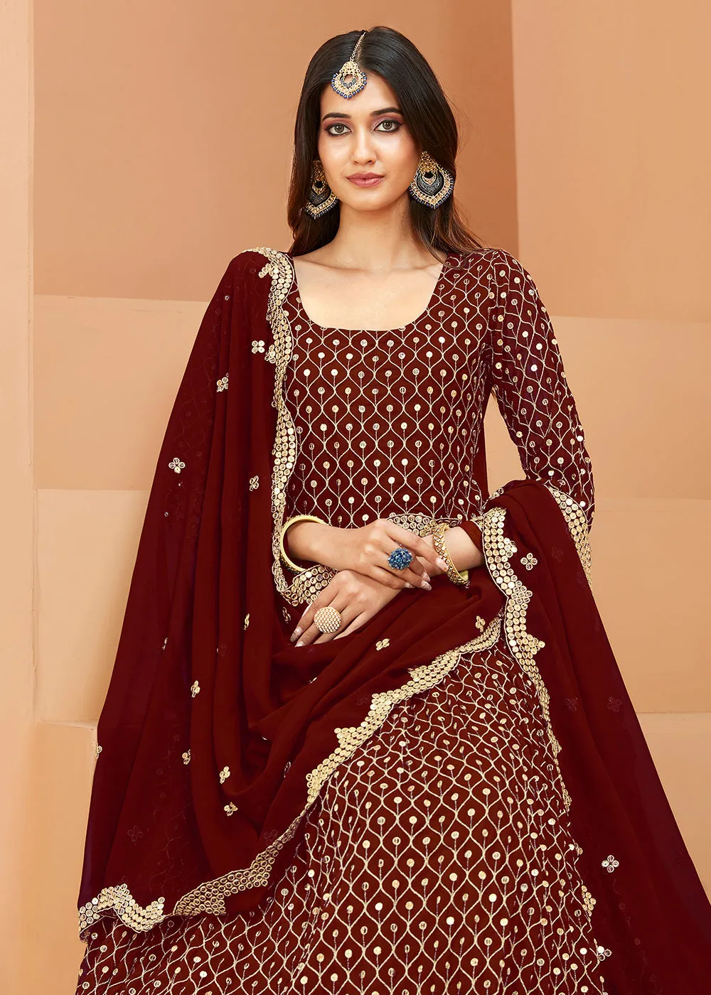 Faux Georgette Winsome Maroon Sequins Anarkali Suit