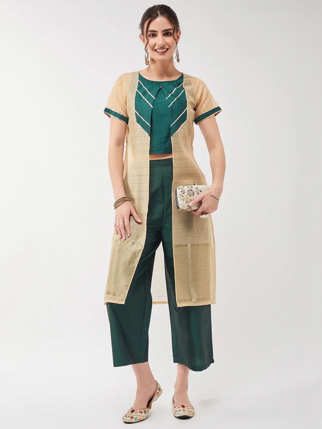 Festive Solid Top With Lace Detailed Shrug And Matching Pant Set