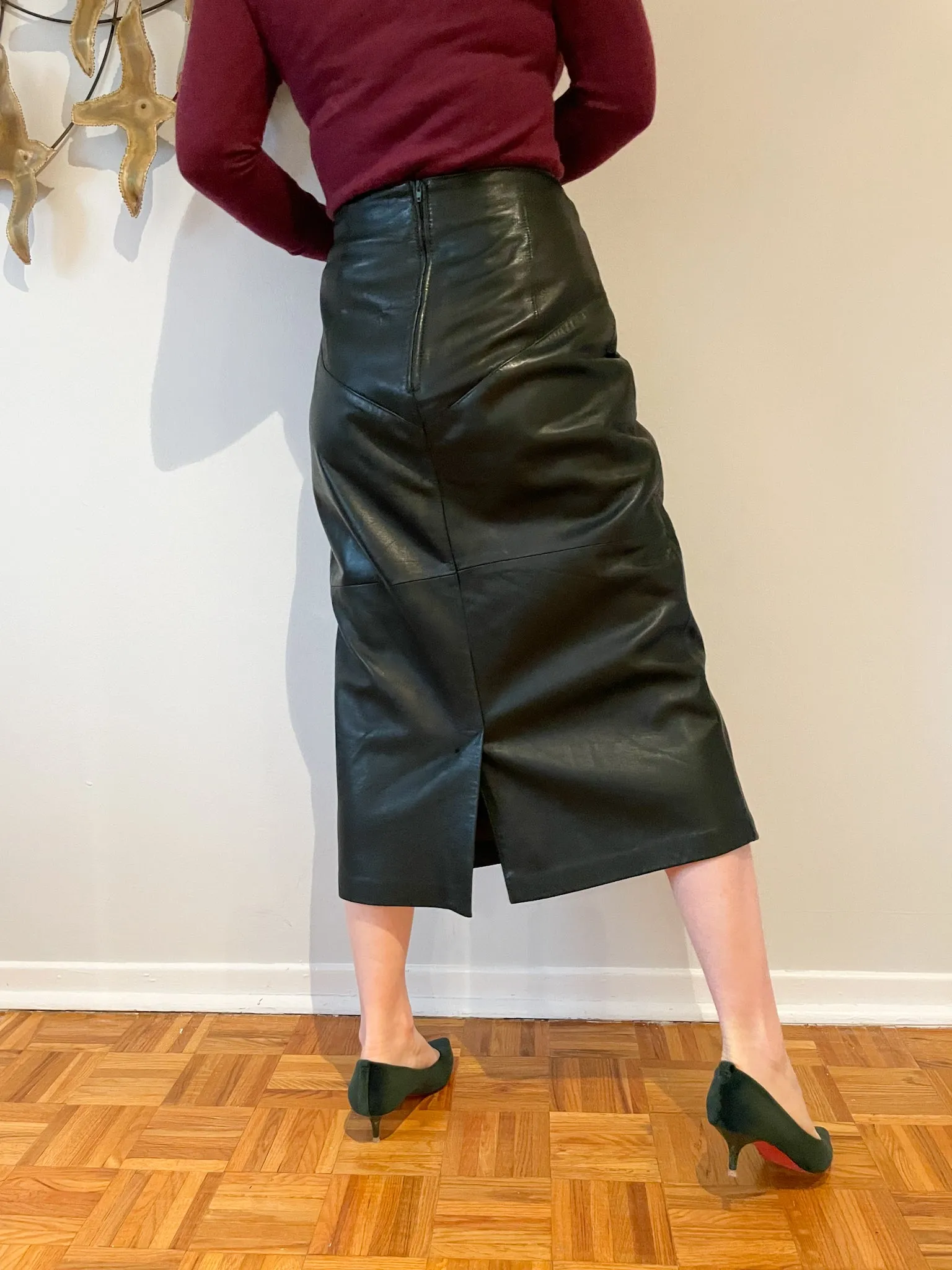 Forest Green Leather Pencil Straight Midi Skirt - Small