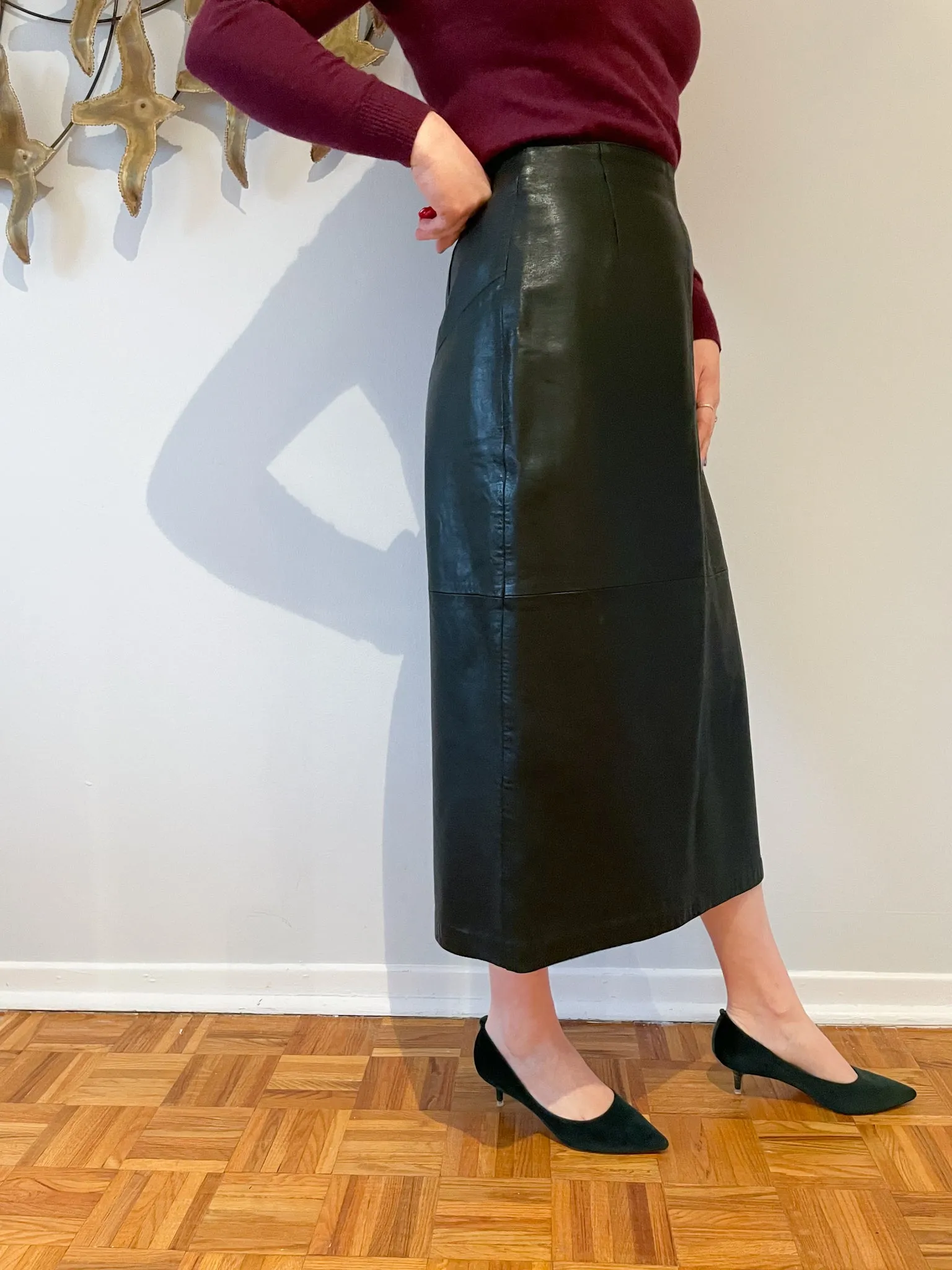 Forest Green Leather Pencil Straight Midi Skirt - Small