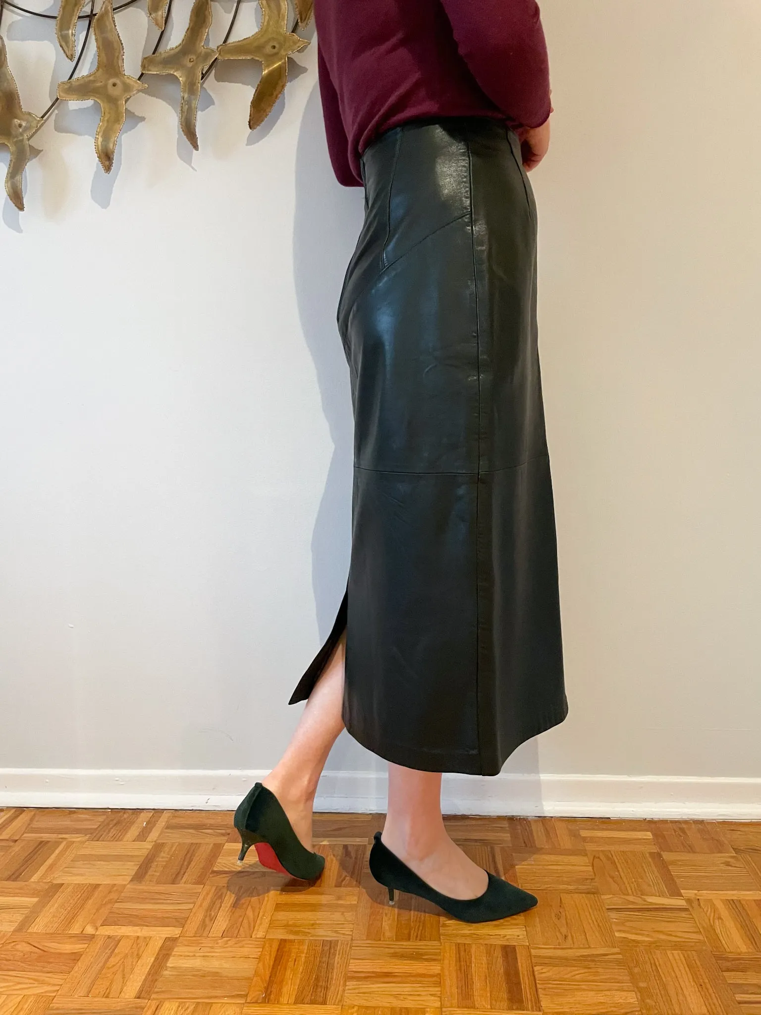 Forest Green Leather Pencil Straight Midi Skirt - Small