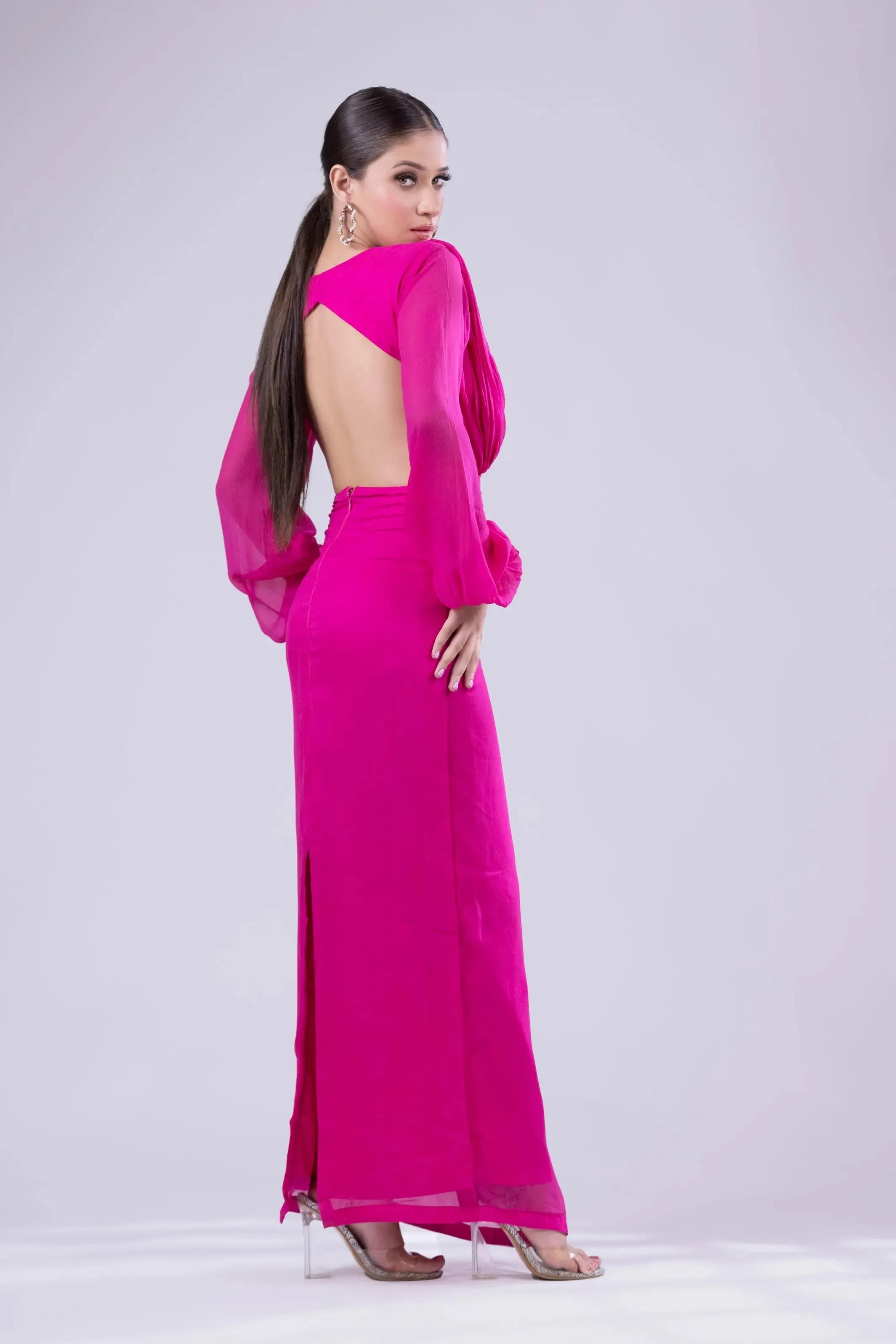 Fuchsia Elegance: Long Fitted Dress in Chiffon and Lycra