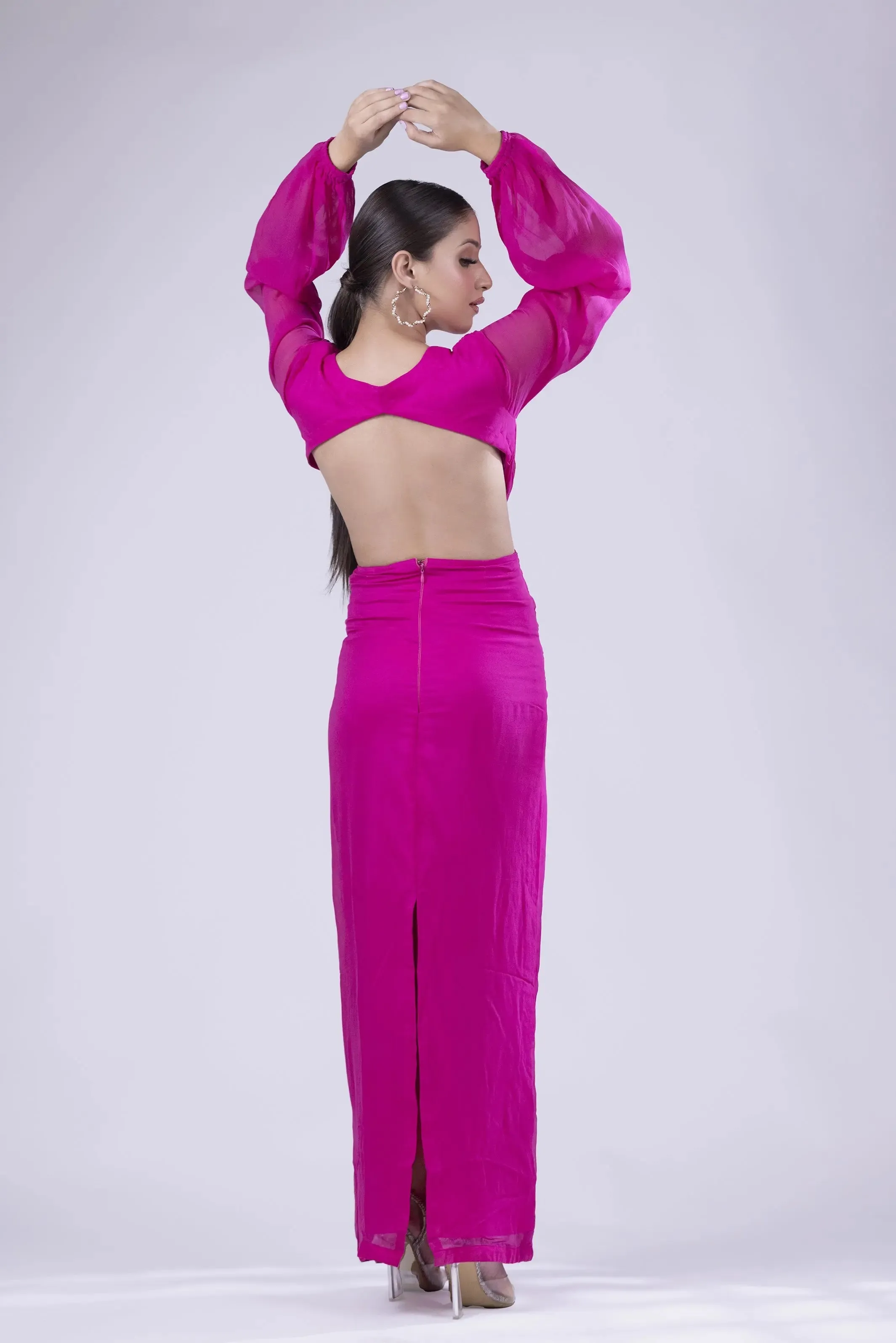 Fuchsia Elegance: Long Fitted Dress in Chiffon and Lycra