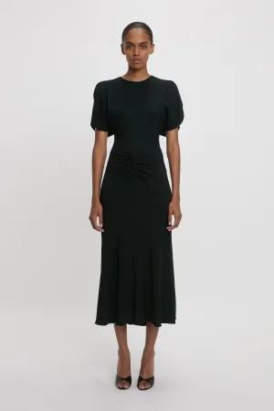 Gathered Waist Midi Dress In Black