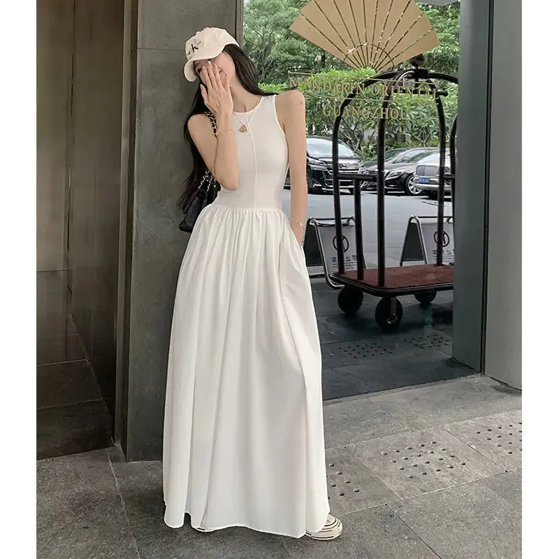 Girlary Casual Black Sleeveless Long Dress Women Bodycon One-piece Dress Gown Maxi Dresses White Vintage Elegant Pleated Vestido