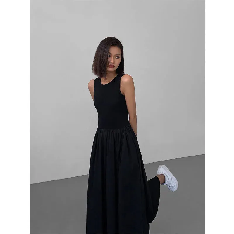 Girlary Casual Black Sleeveless Long Dress Women Bodycon One-piece Dress Gown Maxi Dresses White Vintage Elegant Pleated Vestido