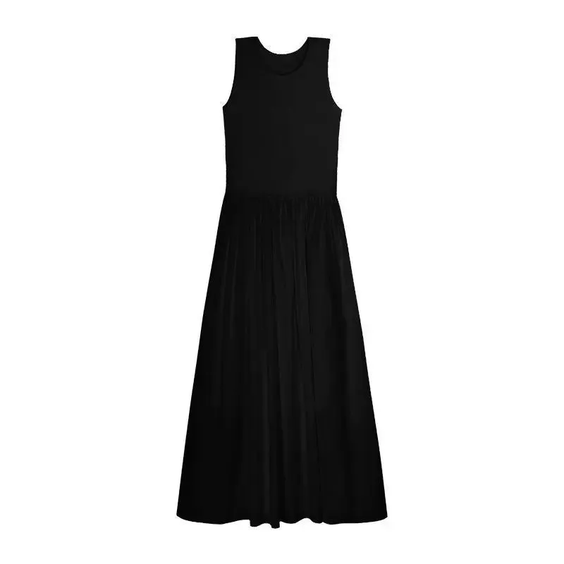 Girlary Casual Black Sleeveless Long Dress Women Bodycon One-piece Dress Gown Maxi Dresses White Vintage Elegant Pleated Vestido