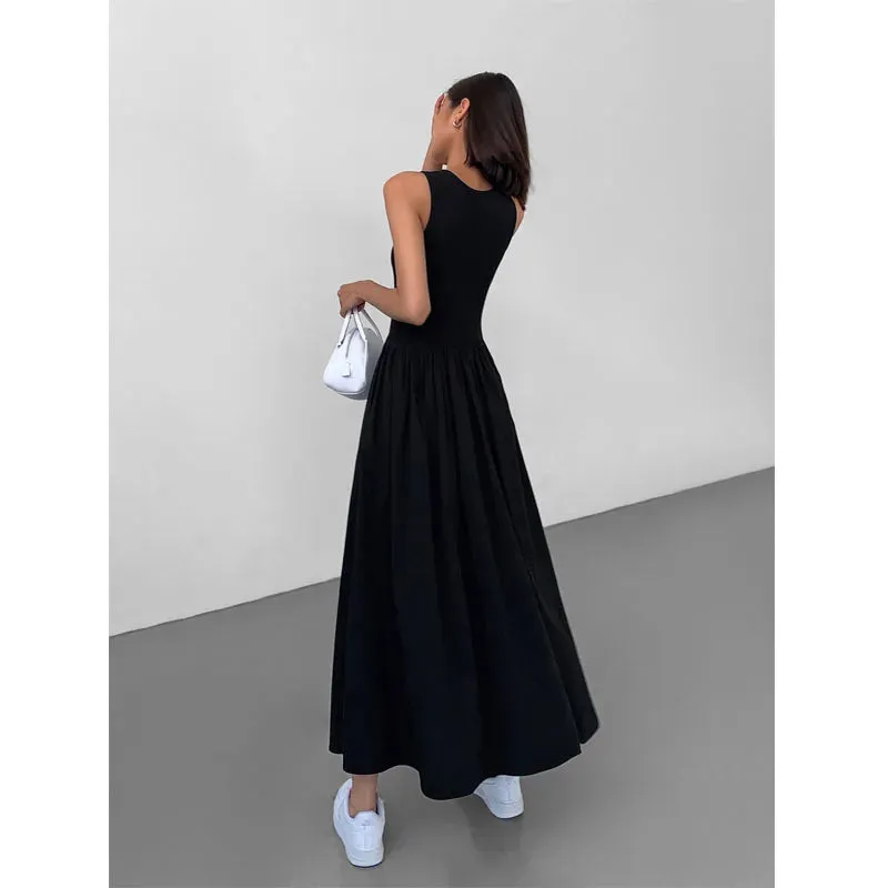 Girlary Casual Black Sleeveless Long Dress Women Bodycon One-piece Dress Gown Maxi Dresses White Vintage Elegant Pleated Vestido