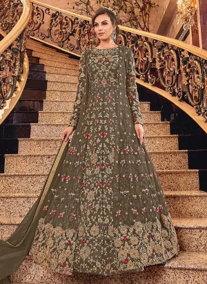 Impeccable Brown Designer Net Jacket Anarkali Suit