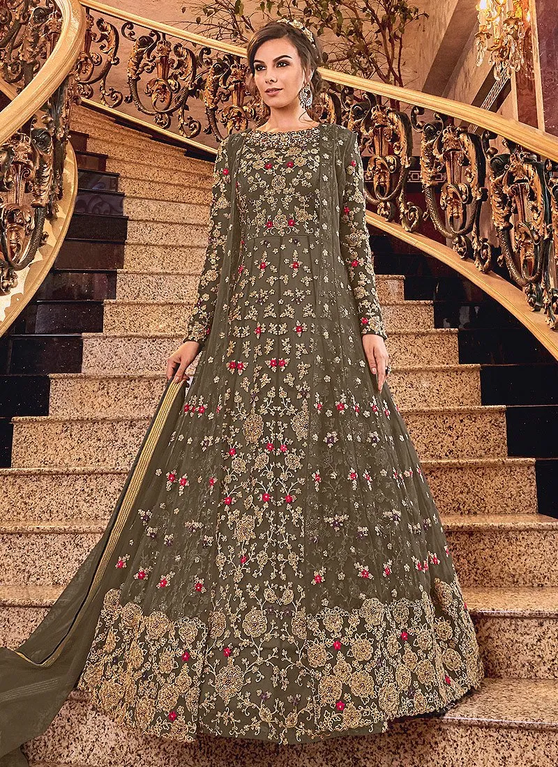 Impeccable Brown Designer Net Jacket Anarkali Suit