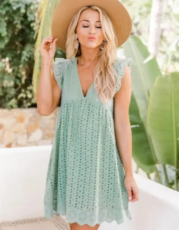 Lace Dresses With Pocket Summer Sleeveless Jacquard Cutout V-neck Beach Dress