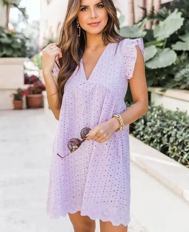 Lace Dresses With Pocket Summer Sleeveless Jacquard Cutout V-neck Beach Dress