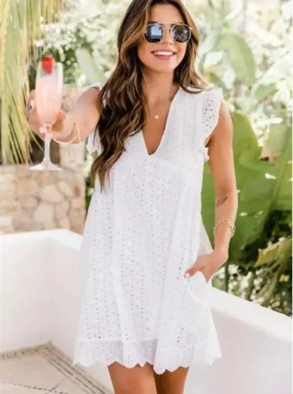 Lace Dresses With Pocket Summer Sleeveless Jacquard Cutout V-neck Beach Dress