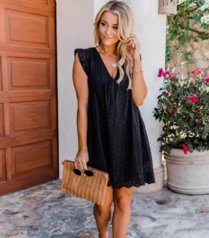 Lace Dresses With Pocket Summer Sleeveless Jacquard Cutout V-neck Beach Dress