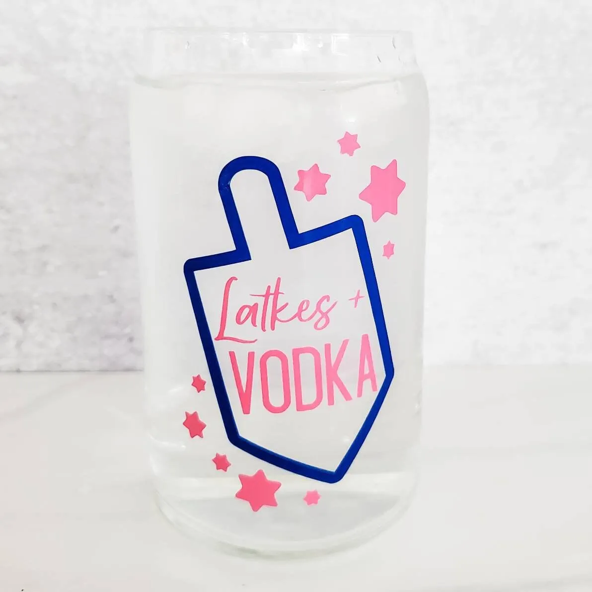 Latkes and Vodka Color Changing Hanukkah Glass Can Cup by Salt and Sparkle