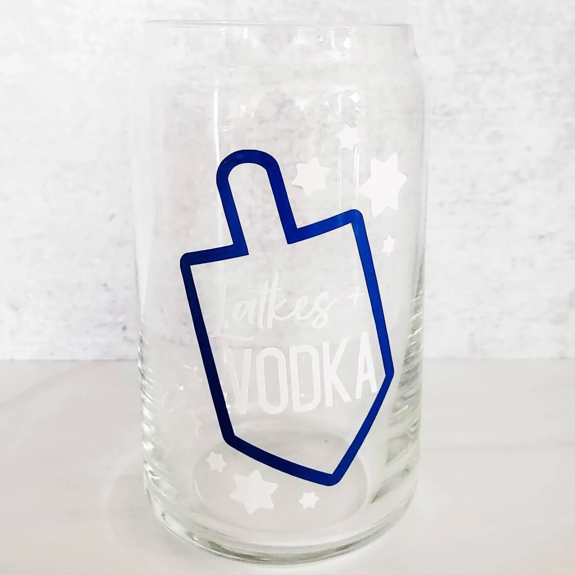 Latkes and Vodka Color Changing Hanukkah Glass Can Cup by Salt and Sparkle