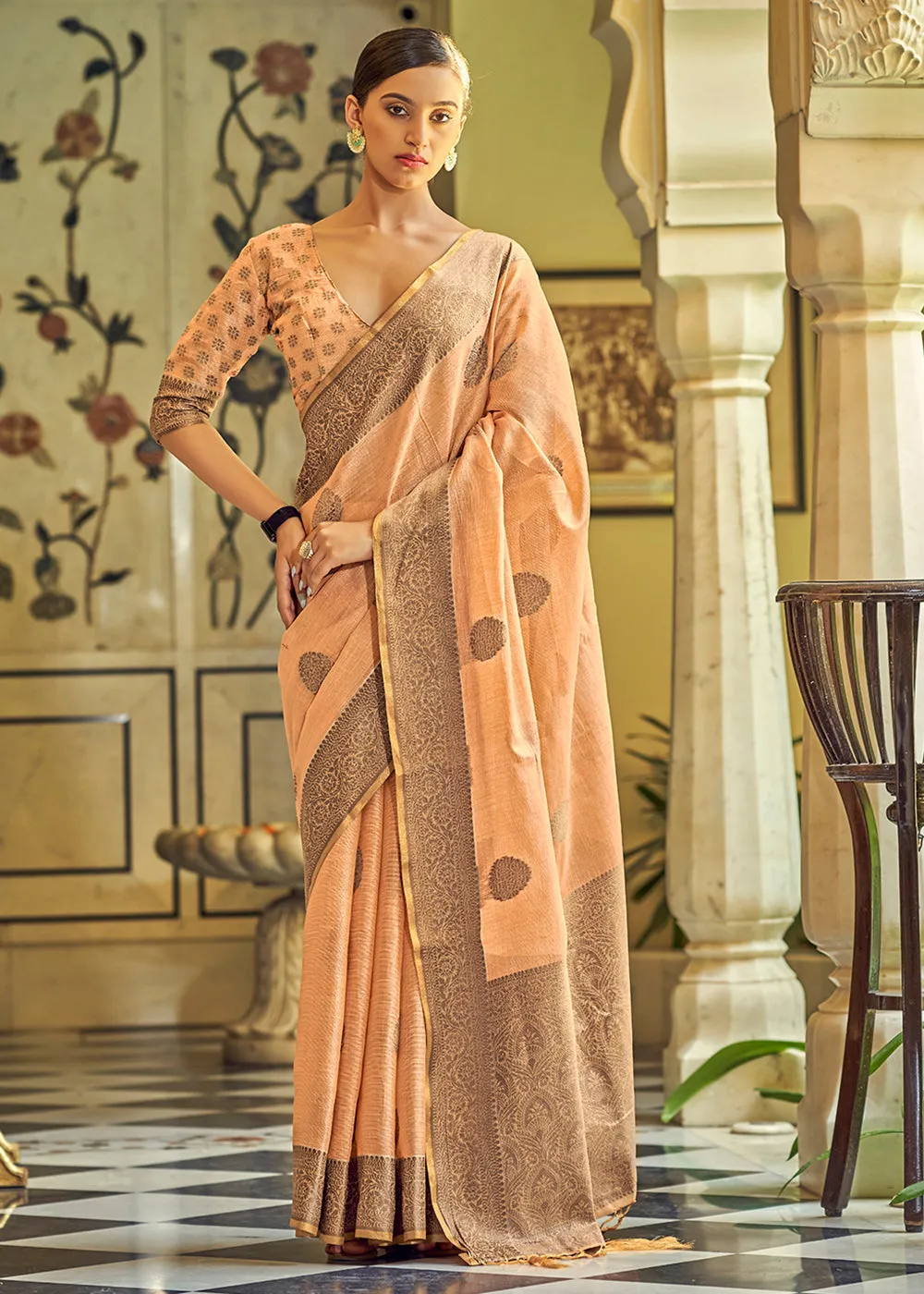 Lovely Ginger Orange Soft Linen Weaving Saree with Belt