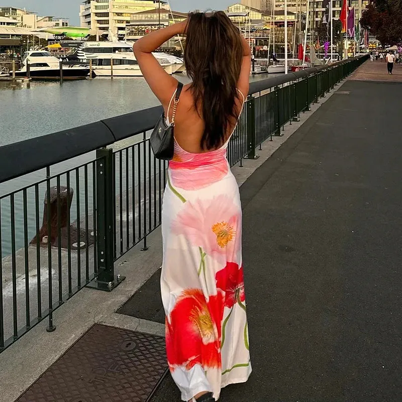 LVSANW BIIKPIIK Vacation Floral Print Maxi Dress Fashion Elegant Backless Slim Fit Slip Dresses Beach Holiday Female Gown Spring Summer