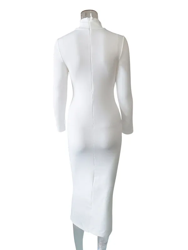 Momnfancy White High Neck Long Sleeve Baby Shower Bodycon Maternity Midi Dress