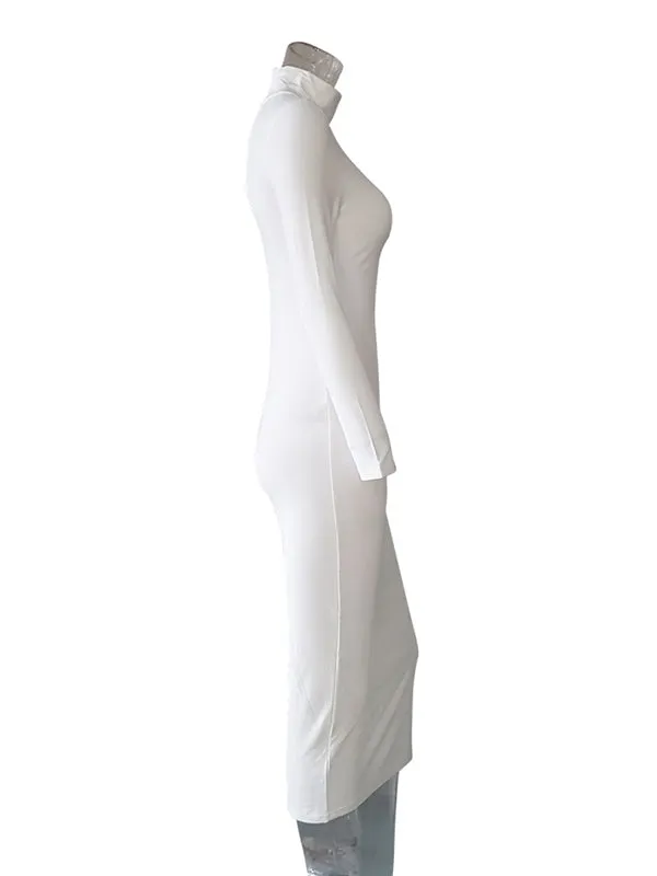 Momnfancy White High Neck Long Sleeve Baby Shower Bodycon Maternity Midi Dress