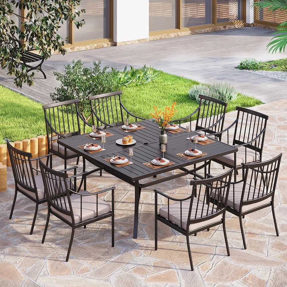 Phi Villa 9-Pcs Patio Dining Set with 60" Square Table and Fashionable Steel Chairs