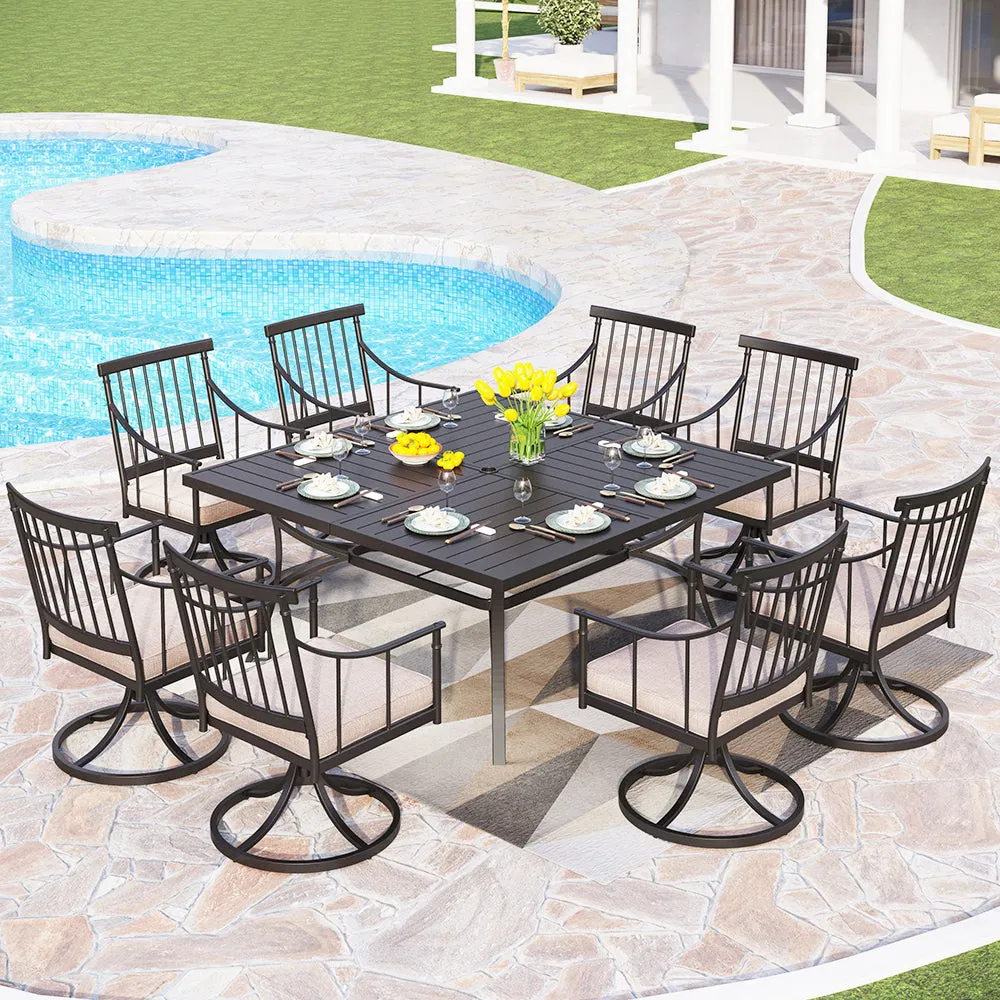 Phi Villa 9-Pcs Patio Dining Set with 60" Square Table and Fashionable Steel Chairs