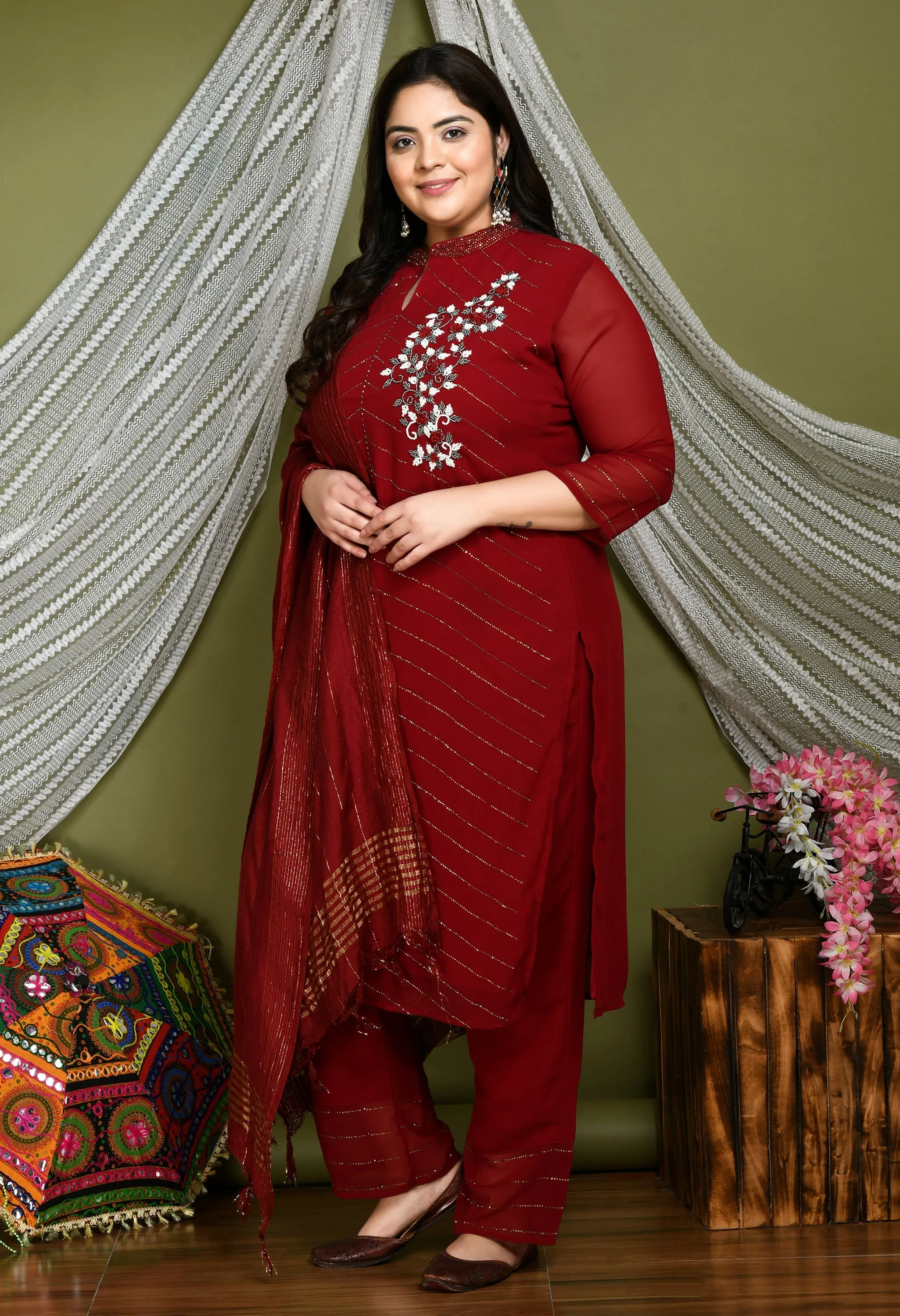 Plus Size Heavy Georgette Maroon Kurta Set