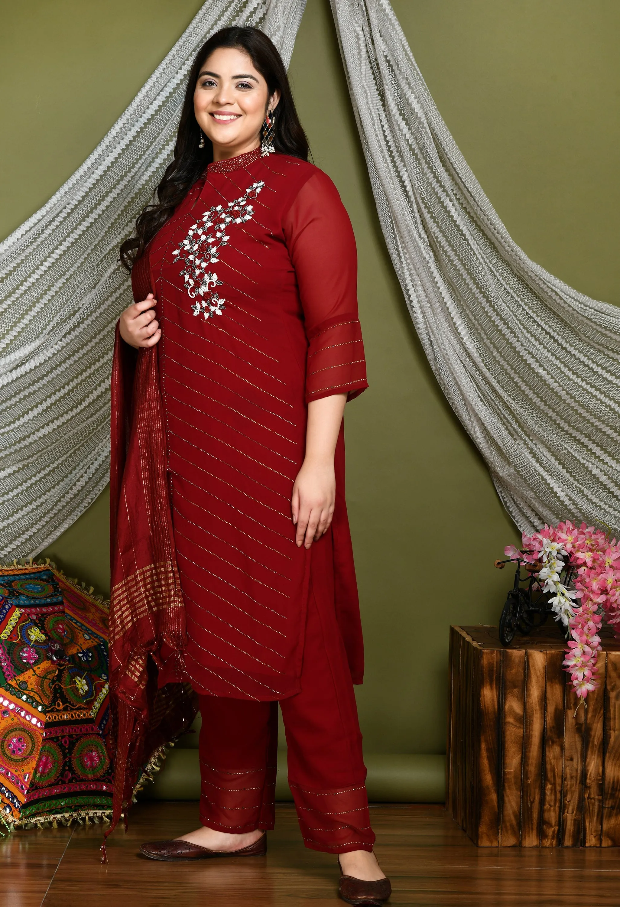 Plus Size Heavy Georgette Maroon Kurta Set