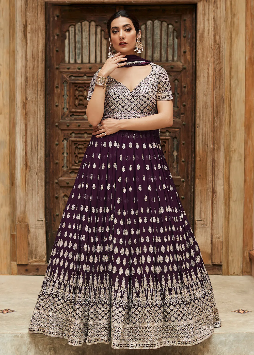 Premium Georgette Plum Purple Embellished Anarkali Dress