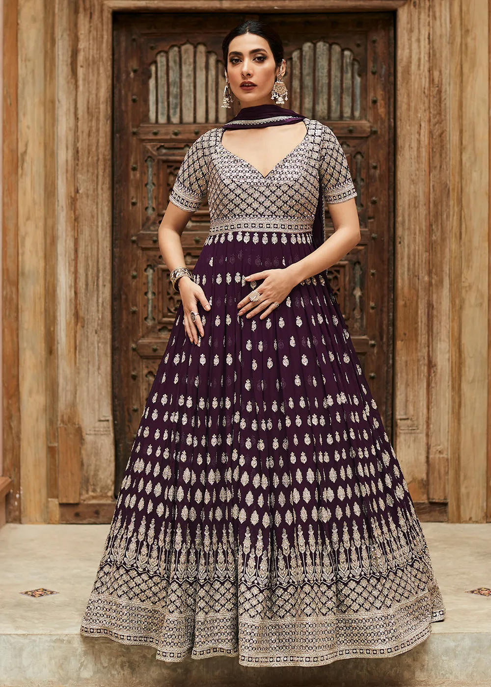 Premium Georgette Plum Purple Embellished Anarkali Dress