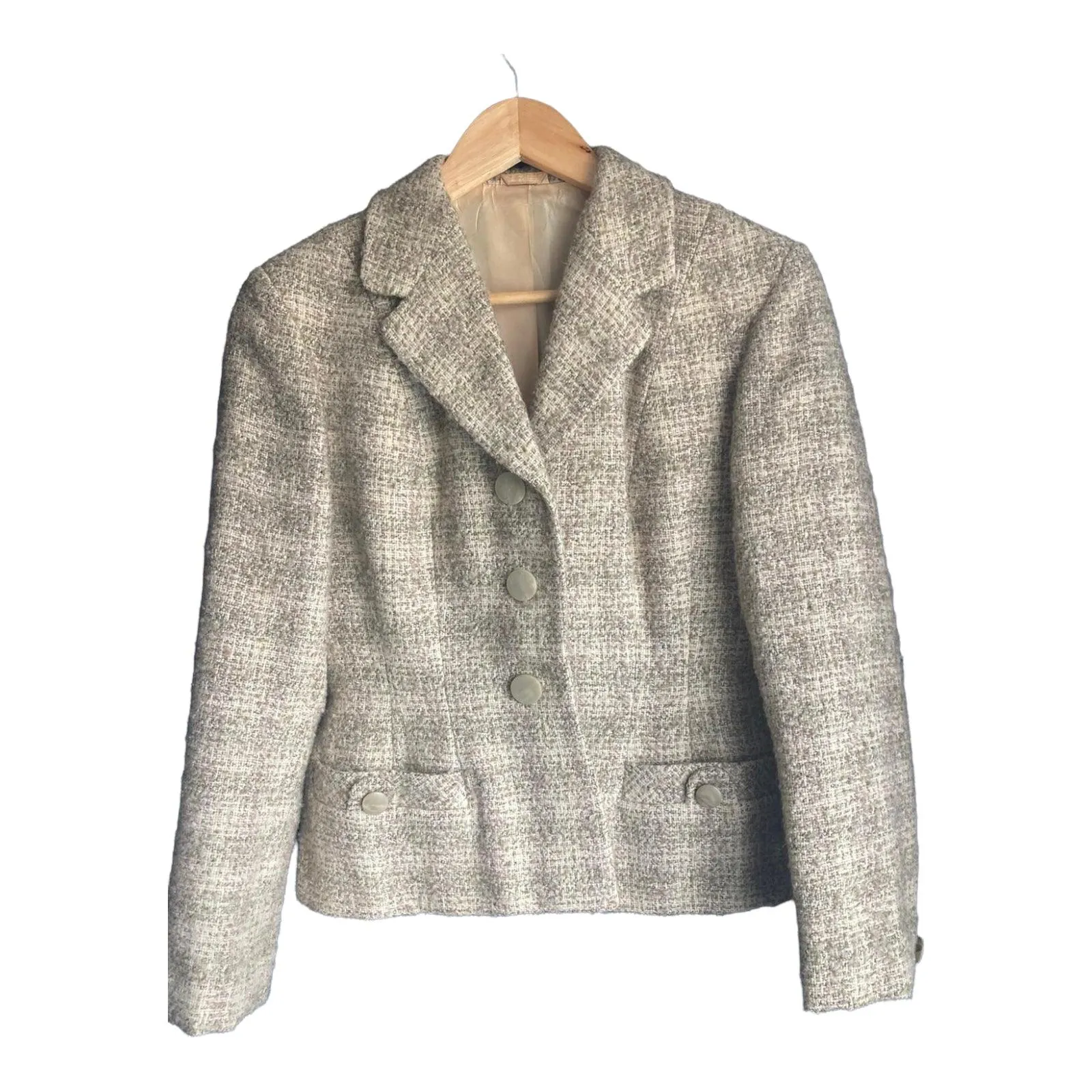 Richard Shops Cream And Green Tweed Skirt Suit UK Size 10