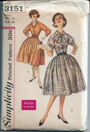 Simplicity 3151 Ladies Shirtwaist Dress Vintage Sewing Pattern 1950s