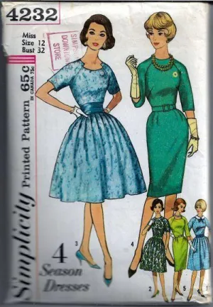 Simplicity 4232 Ladies Dress Raglan Sleeves Vintage Sewing Pattern 1960's Sz 12