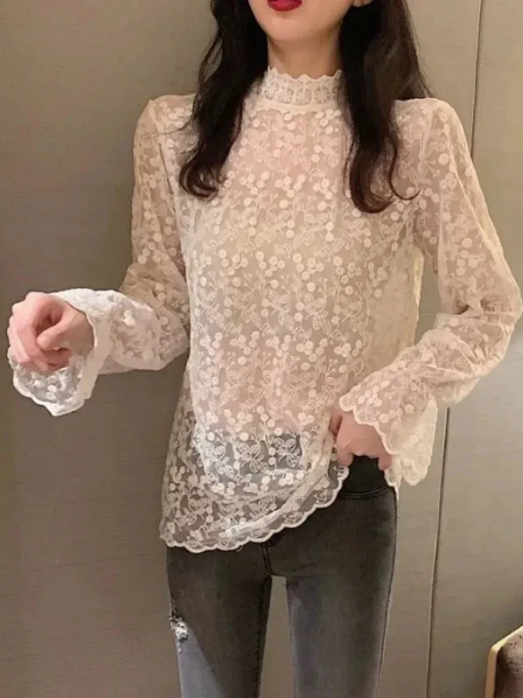 Spring Summer Long Flare Through Out Fashionable Collar Stand Sleeve Sleeve Elegant Lace See Hollow Top