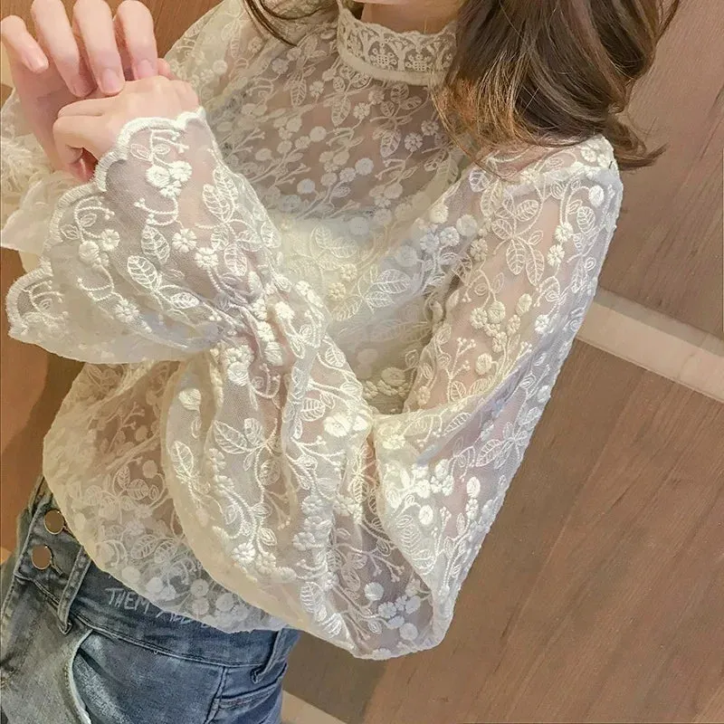 Spring Summer Long Flare Through Out Fashionable Collar Stand Sleeve Sleeve Elegant Lace See Hollow Top