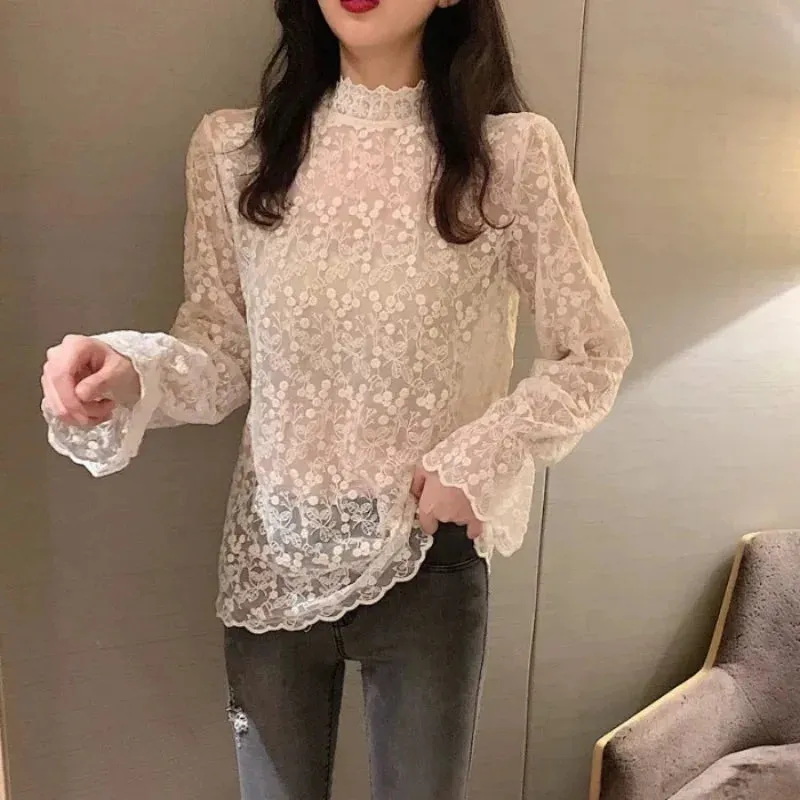 Spring Summer Long Flare Through Out Fashionable Collar Stand Sleeve Sleeve Elegant Lace See Hollow Top