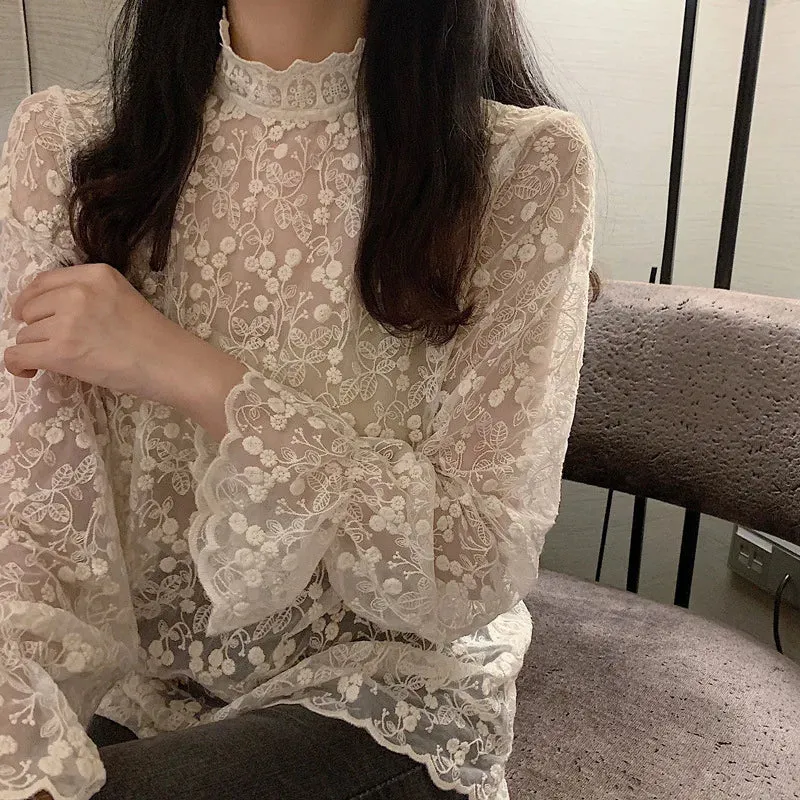 Spring Summer Long Flare Through Out Fashionable Collar Stand Sleeve Sleeve Elegant Lace See Hollow Top