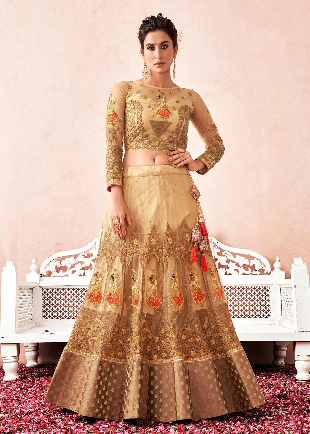 Traditional Cream & Maroon Kalidar Embroidered Net Lehenga Choli