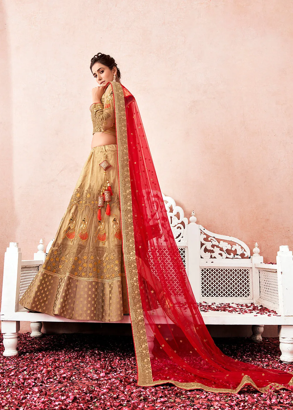 Traditional Cream & Maroon Kalidar Embroidered Net Lehenga Choli