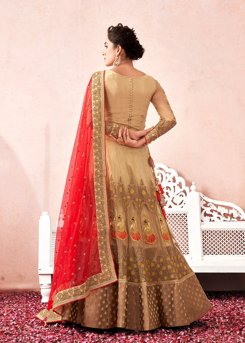 Traditional Cream & Maroon Kalidar Embroidered Net Lehenga Choli