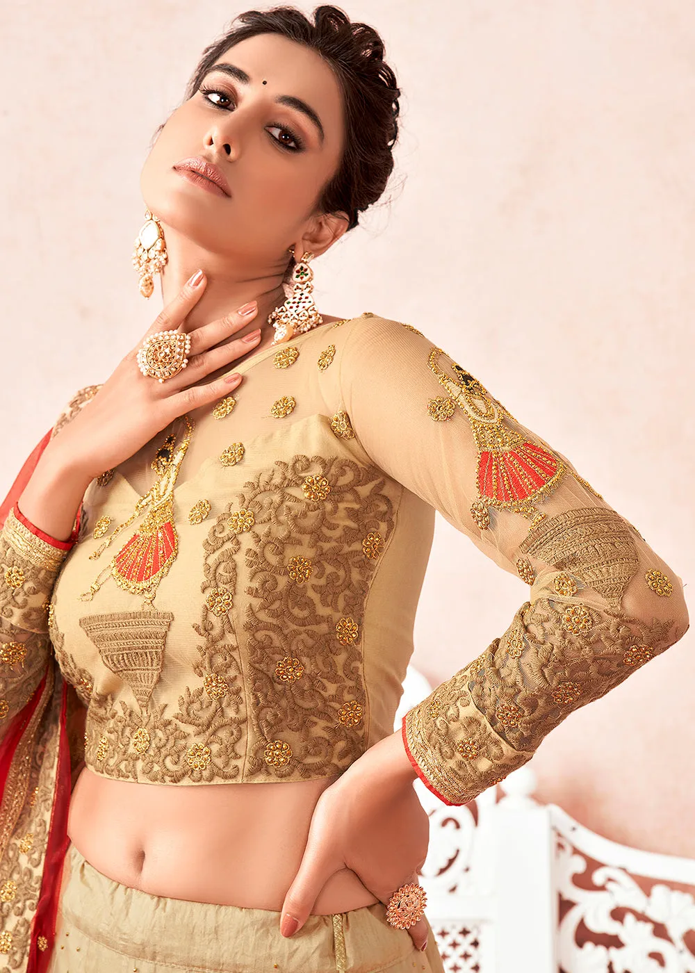 Traditional Cream & Maroon Kalidar Embroidered Net Lehenga Choli