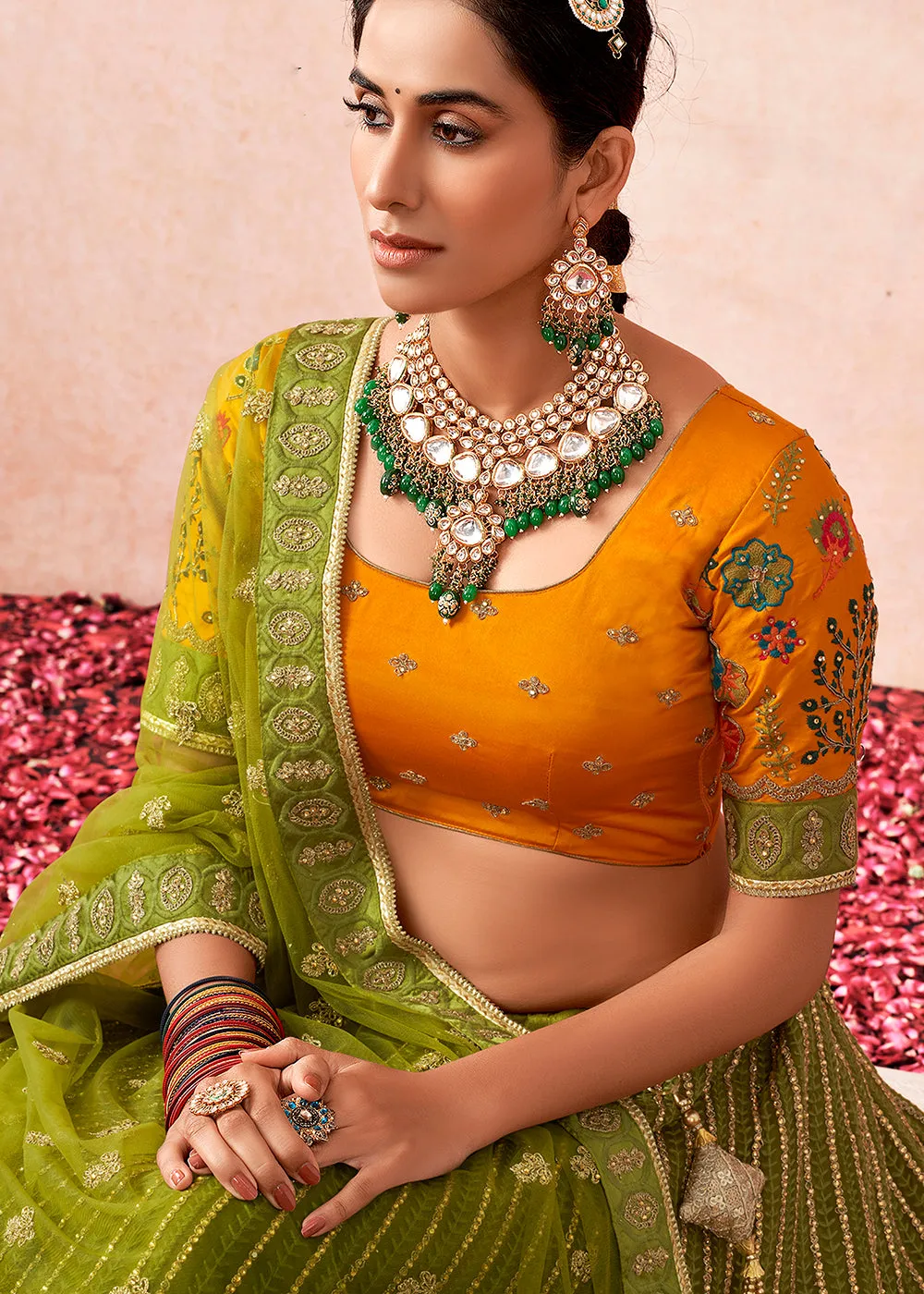 Traditional Olive Green Kalidar Embroidered Net Lehenga Choli