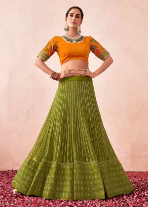 Traditional Olive Green Kalidar Embroidered Net Lehenga Choli