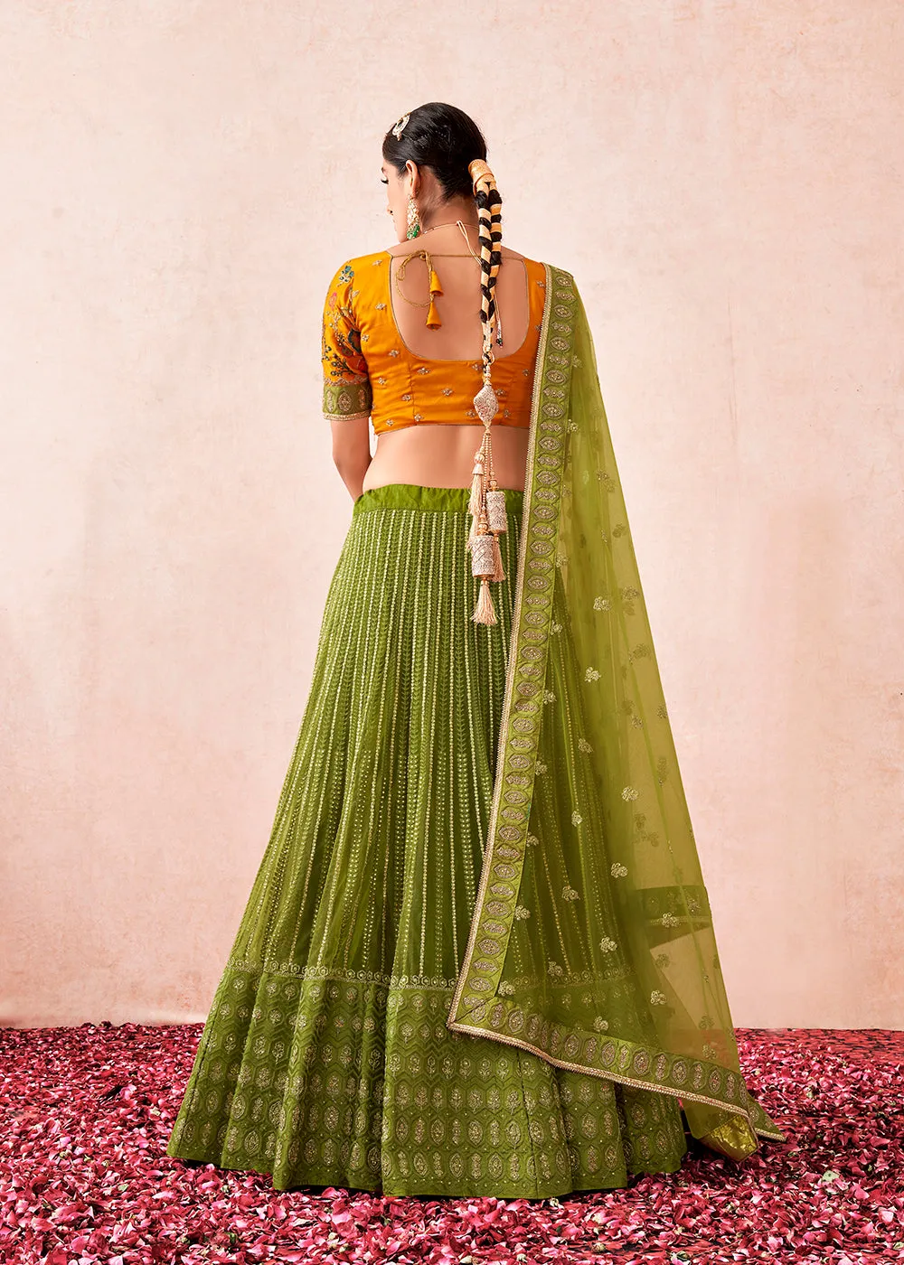 Traditional Olive Green Kalidar Embroidered Net Lehenga Choli