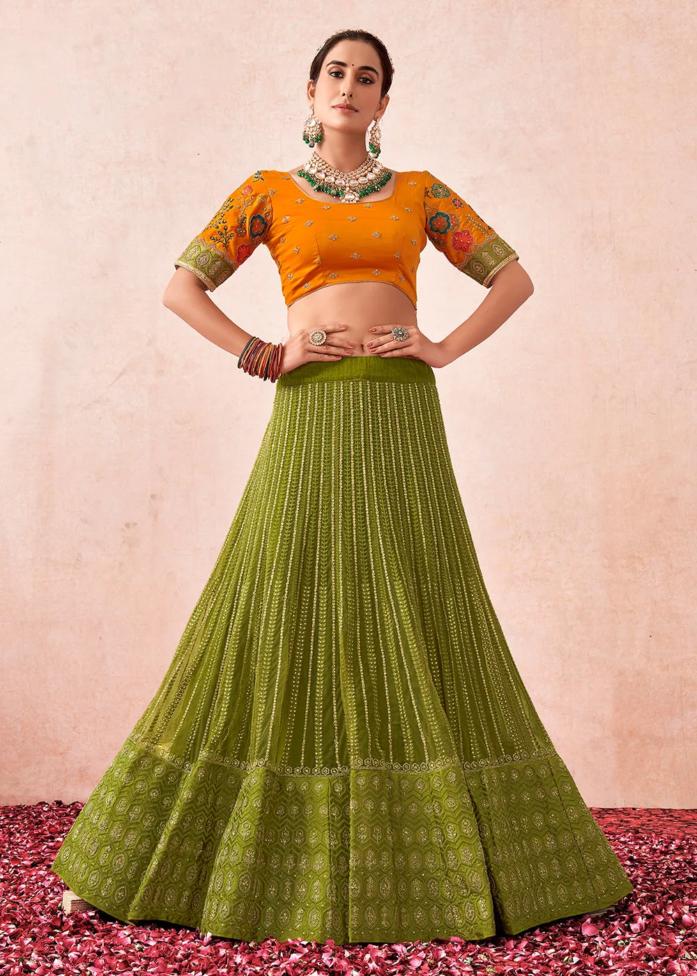 Traditional Olive Green Kalidar Embroidered Net Lehenga Choli