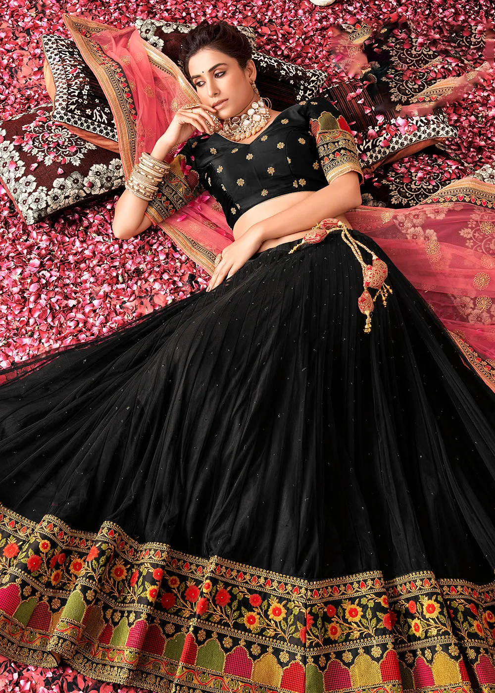 Traditional Regal Black Kalidar Embroidered Net Lehenga Choli