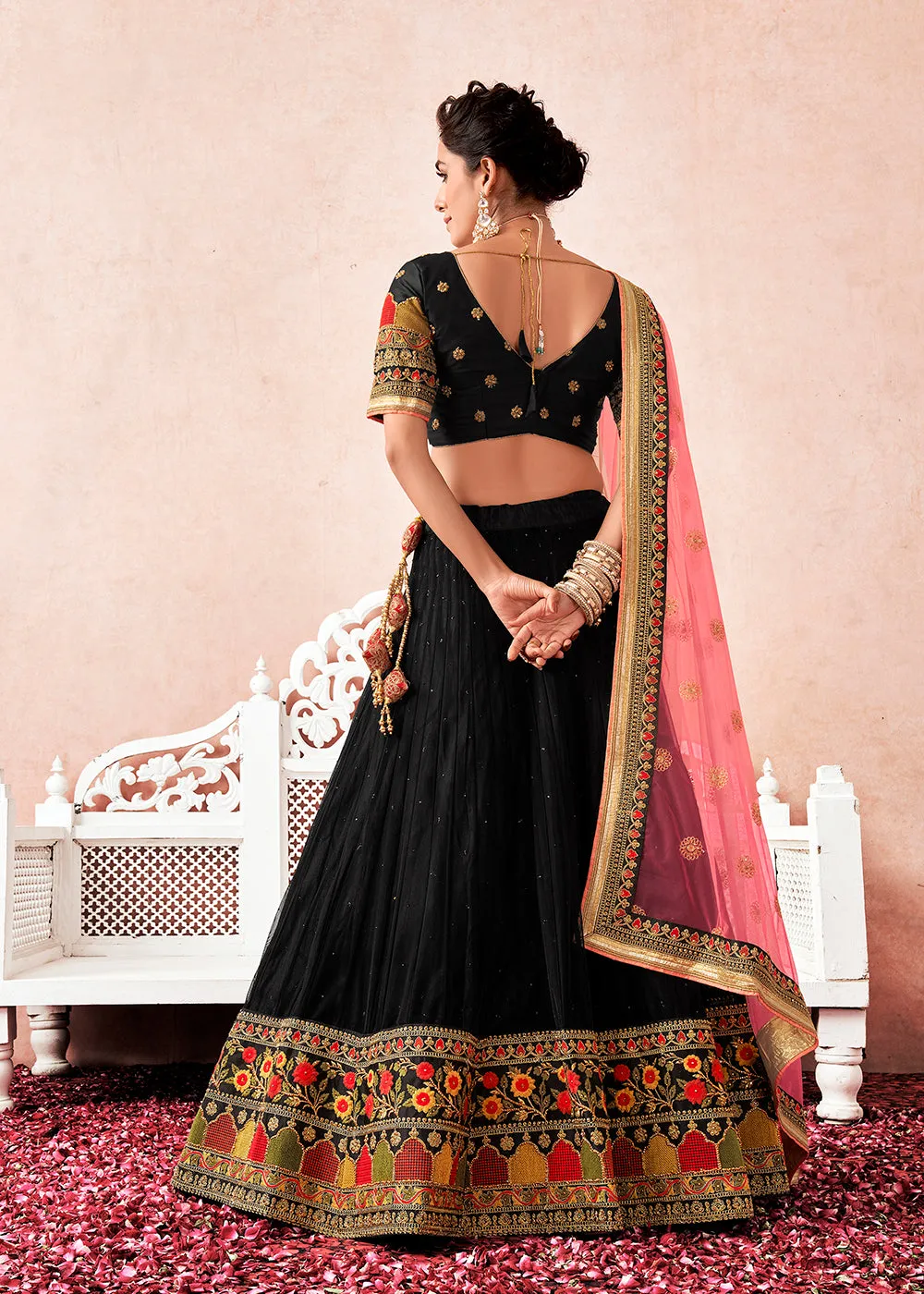 Traditional Regal Black Kalidar Embroidered Net Lehenga Choli